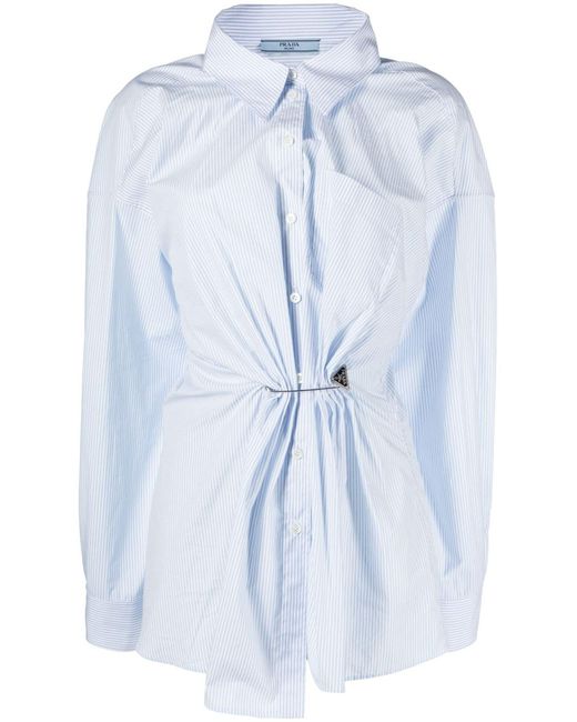 Prada Blue Pin-embellished Striped Cotton Shirt