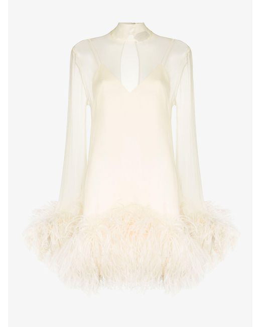‎Taller Marmo White Gina Feather Trim Silk Mini Dress