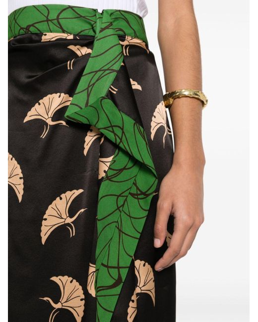 Dries Van Noten Green Bird-print Draped Satin Skirt - Women's - Viscose/silk