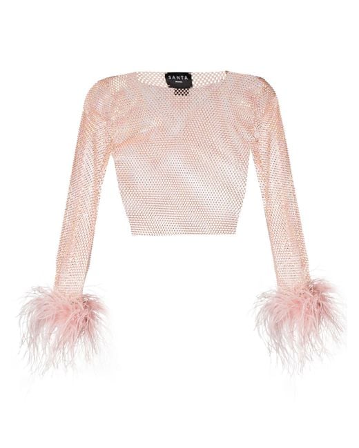 Santa Brands White Feather Cuff Crystal Cropped Top