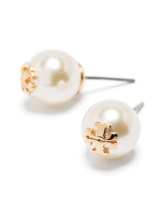 Tory Burch Natural Logo-plaque Pearl Stud Earrings