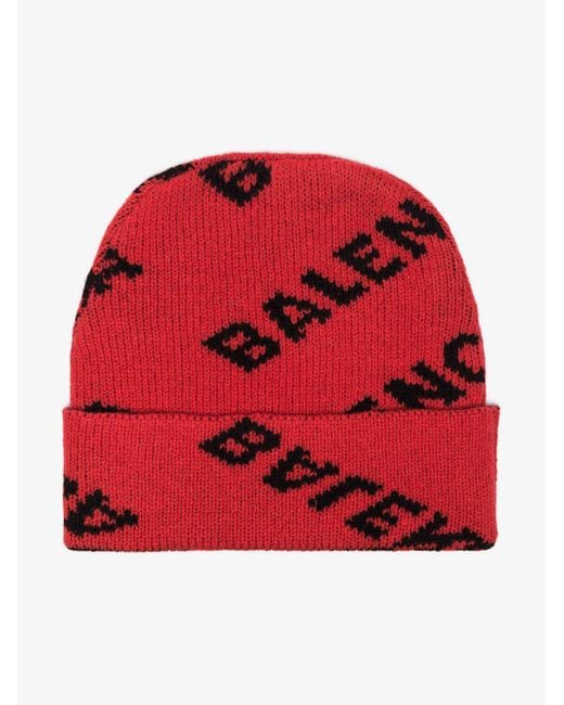 Balenciaga Red And Black Logo Knit Wool-blend Beanie