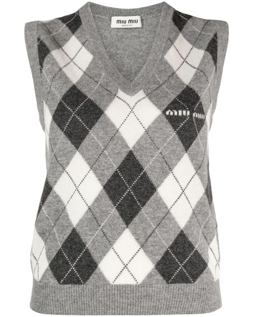 Miu Miu Gray Check-pattern V-neck Vest