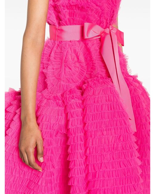 Huishan Zhang Pink Ruffled Tulle Midi Dress