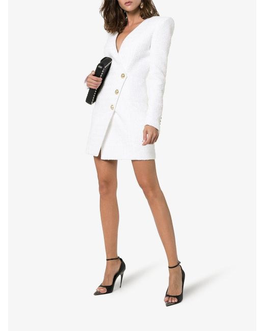 Balmain Asymmetric Button Tweed Blazer Dress in White | Lyst