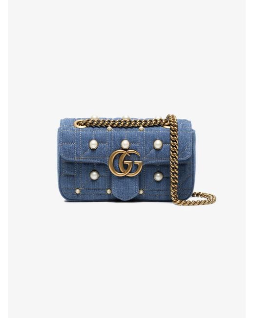 Gucci Blue Gg Marmont 2.0 Imitation Pearl Embellished Denim Crossbody Bag