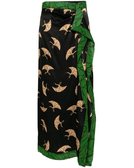 Dries Van Noten Green Bird-print Draped Satin Skirt - Women's - Viscose/silk