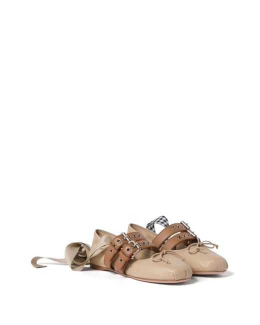 Miu Miu Natural Neutral Leather Ballerina Shoes - Women's - Fabric/calf Leather/calf Leather
