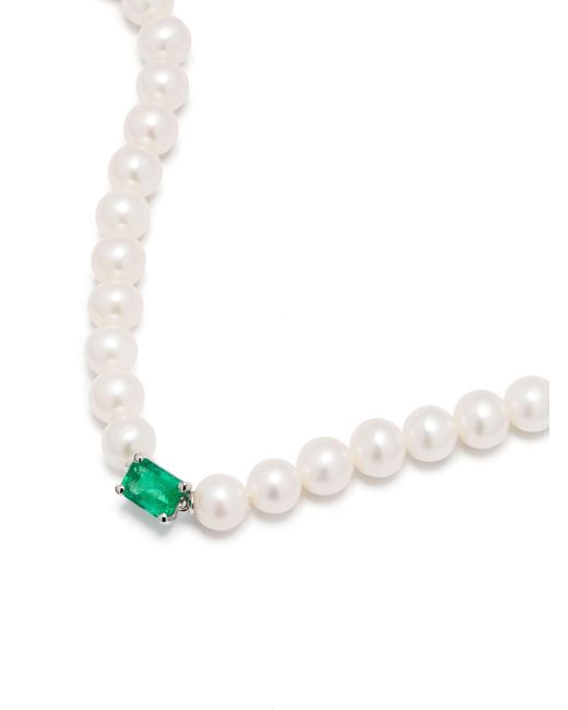 Yvonne Léon White 18k Gold Collier Perles Pearl And Emerald Choker