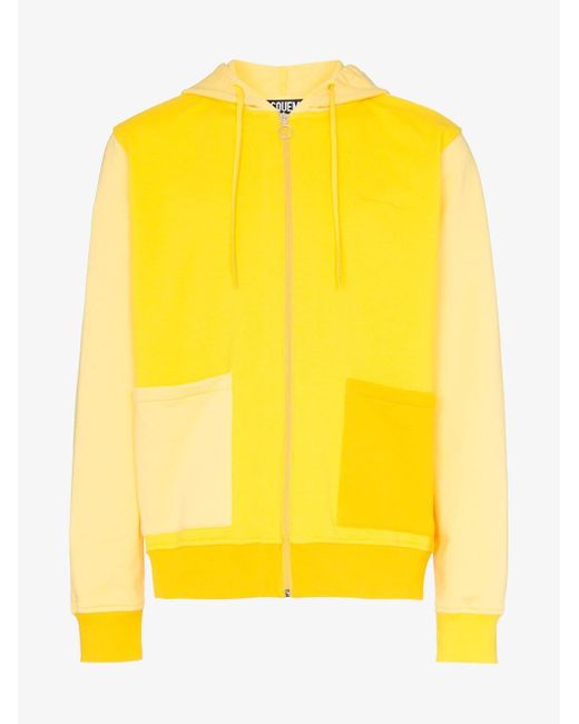 Jacquemus Yellow Contrast Panel Zipped Cotton Hoodie for men
