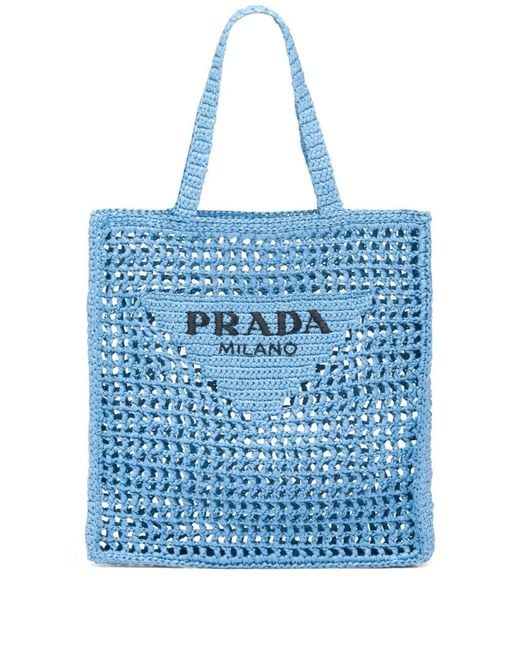 Prada Blue Woven-logo Raffia Tote Bag