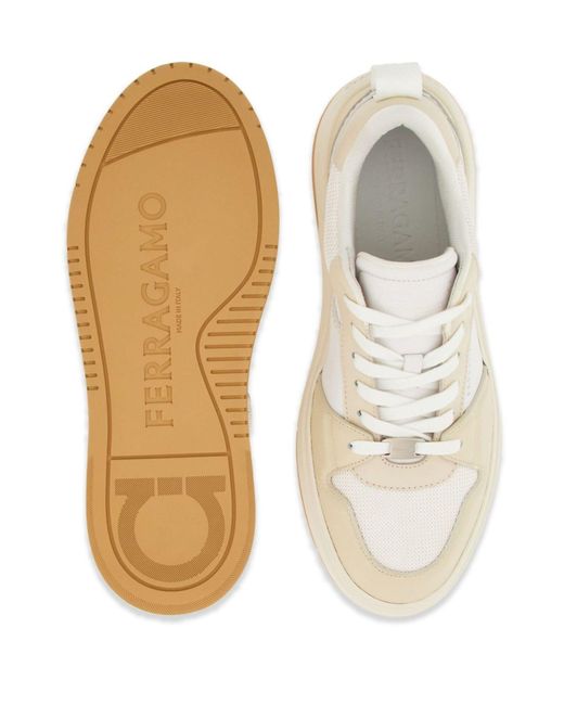 Ferragamo White Panelled Leather Sneakers for men