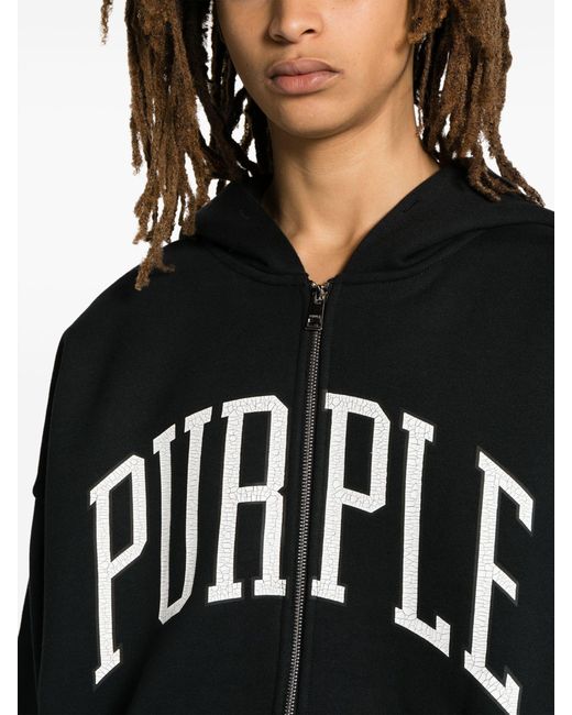 Purple Brand Black Logo Print Zip Front Hoodie for men