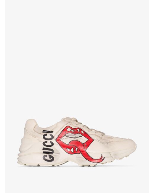 Gucci White Rhyton Leather Sneakers With Maxi Mouth Print