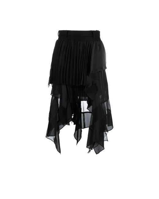 Sacai Black Pleated Tiered Asymmetric Midi Skirt | Lyst