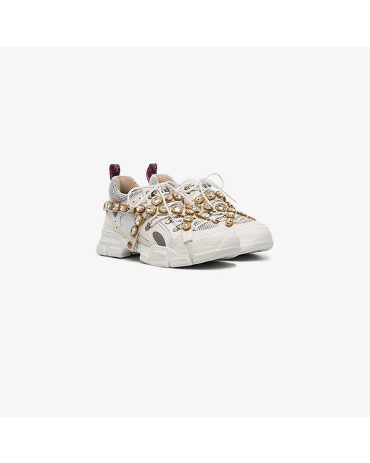 Gucci White Journey Crystal Embellished Leather Sneakers for men