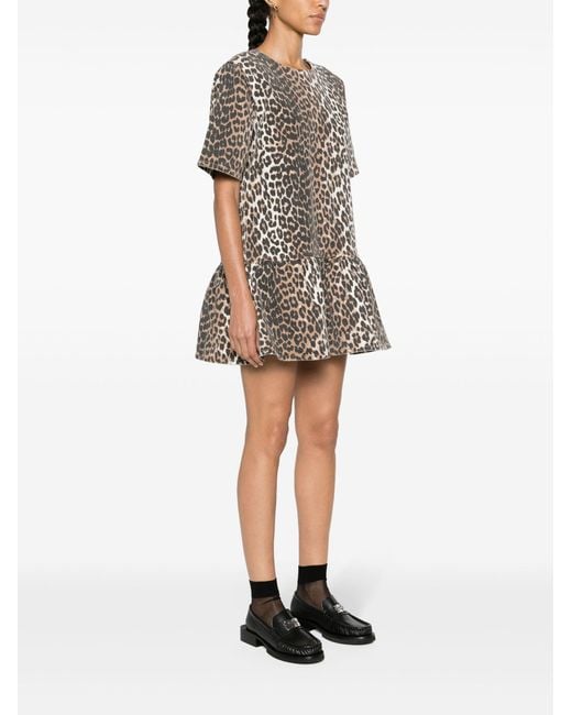 Ganni Black Leopard-print Peplum-hem Mini Dress