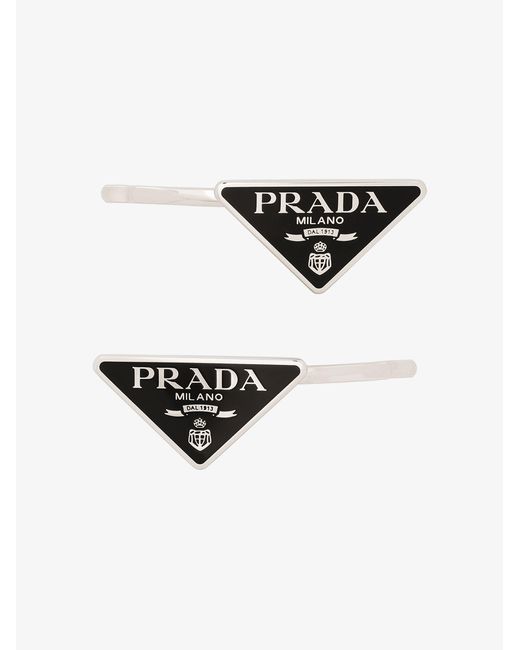 Prada White Silver Tone Logo Triangle Hair Slides