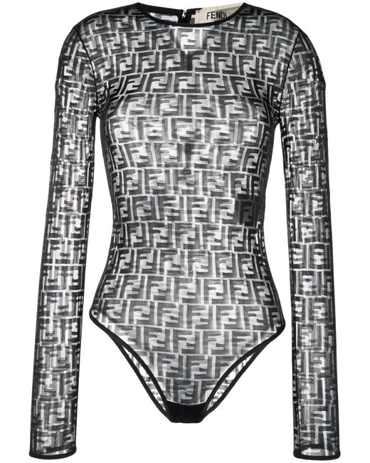 Fendi Gray Ff-print Sheer Bodysuit - Women's - Polyamide/elastane