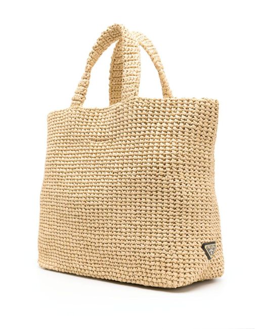 Prada Natural Beige Logo-embroidered Crochet Tote Bag