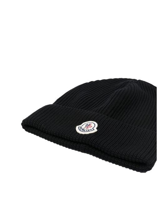 Moncler Black Logo-patch Ribbed Wool Beanie Hat for men