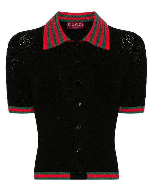 Gucci Black Web-stripe Crochet-knit Polo Shirt - Women's - Cotton/elastane/polyamide