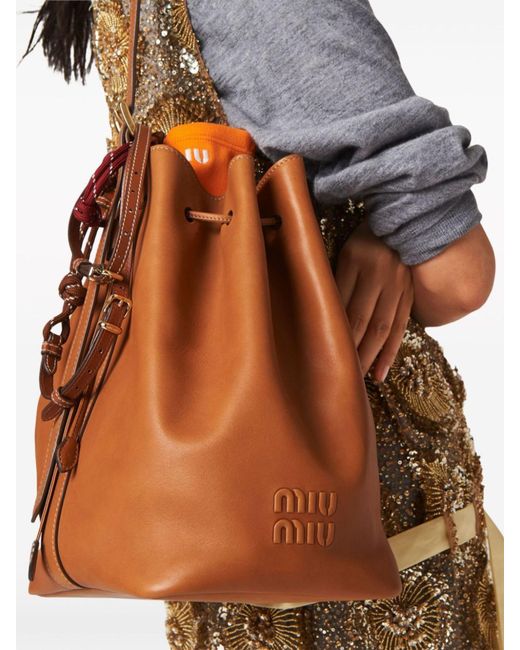 Miu Miu Brown Logo-Embossed Leather Bucket Bag