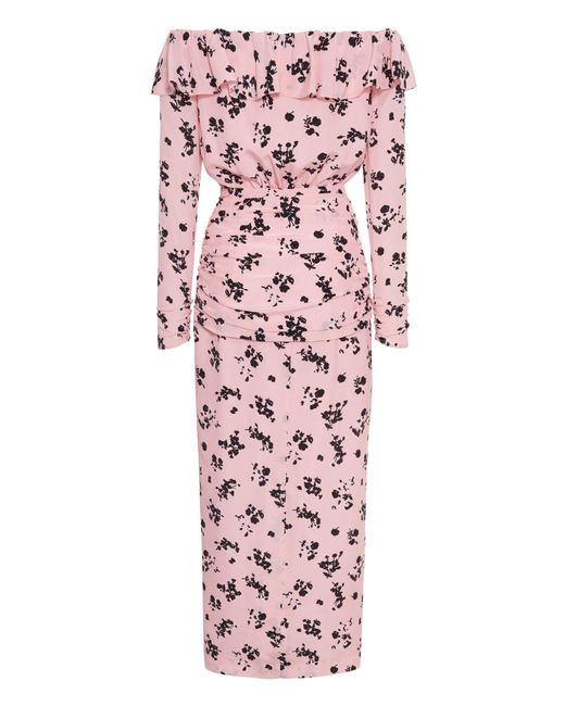 Alessandra Rich Pink Floral Off-shoulder Silk Midi Dress
