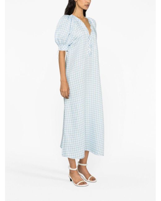 Sleeper Blue Garden Gingham Puff-sleeve Dress