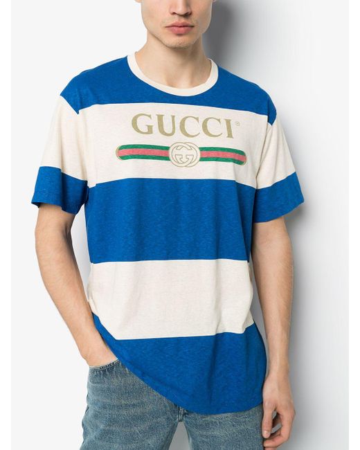 Gucci Cotton Blue Logo Striped T-shirt for Men - Lyst