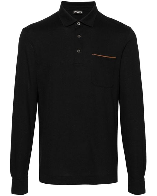 Zegna Black Long-Sleeve Piqué Polo Shirt for men