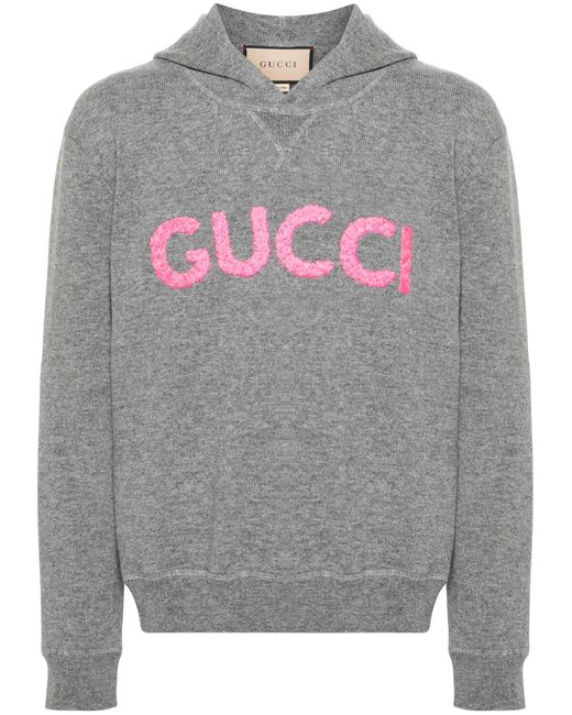 Gucci Gray Logo-embroidered Wool Hoodie - Men's - Cotton/acrylic/polyester/wool for men