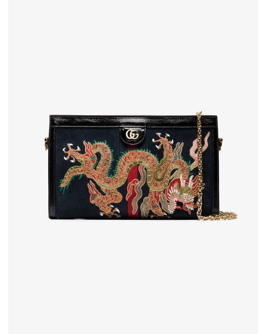 Gucci Black Dragon Embroidered Suede Shoulder Bag