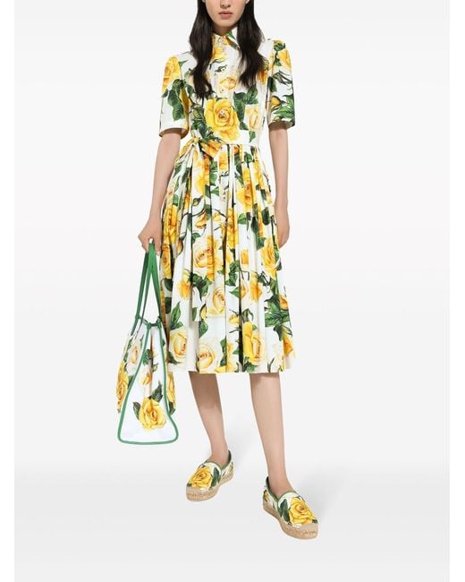 Dolce & Gabbana Yellow Cotton Shirt Dress With Rose