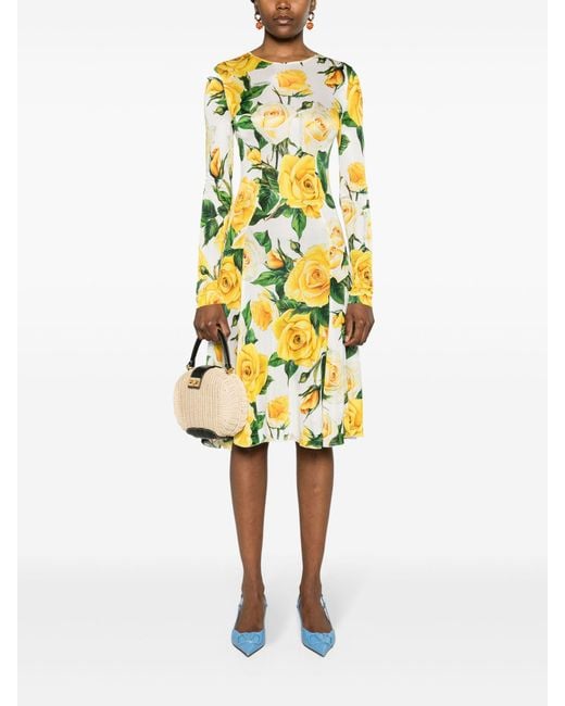Dolce & Gabbana Yellow Rose-print Midi Dress - Women's - Viscose