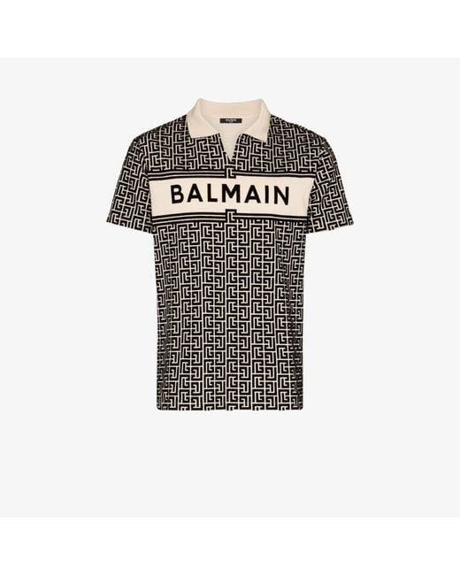 Balmain Black Flocked Monogram Polo Shirt for men