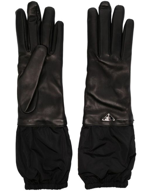 Prada Black Enamel-logo Leather Gloves