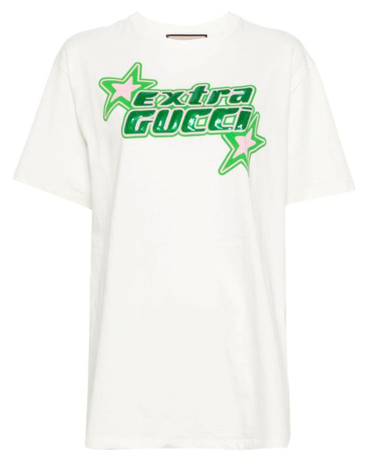 Gucci Neutral Sequin-Embellished Cotton T-Shirt in Green