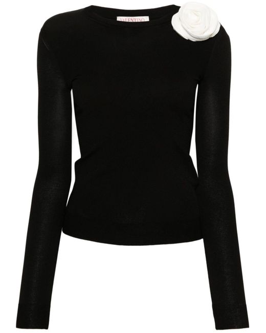 Valentino Garavani Black Floral-appliqué Knitted Sweater