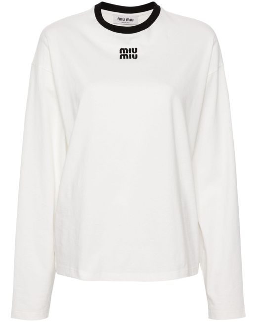 Miu Miu White Logo Embroidered Cotton T-shirt