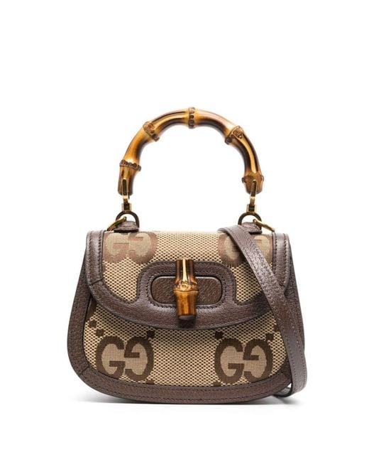 Gucci White Brown Bamboo 1947 Jumbo gg Mini Top Handle Bag - Women's - Canvas/leather/bamboo/cottonlinen/flax