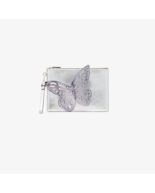 Sophia Webster Metallic Silver Flossy Butterfly Leather Clutch