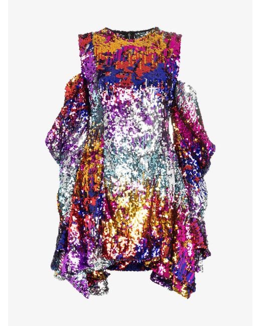 Halpern Metallic Sequinned Cold Shoulder Mini Dress