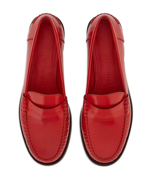 Ferragamo Red Logo-embossed Leather Loafers