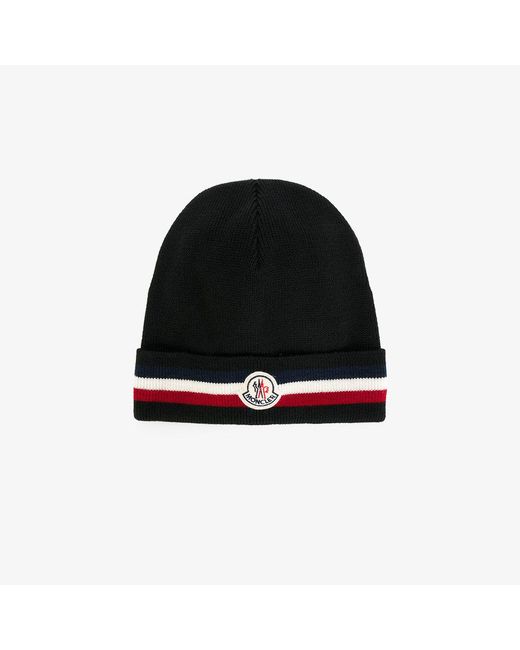 Moncler Black Berretto Tricolour Stripe Beanie for men