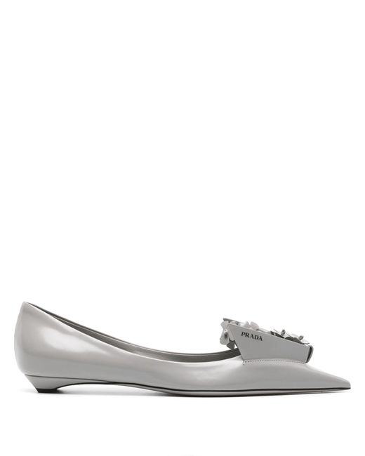 Prada Gray Floral-appliqué Leather Ballerina Shoes
