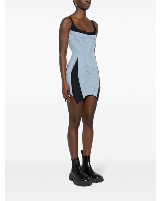 Mugler Blue Panelled Slim-fit Stretch-denim Mini Dress