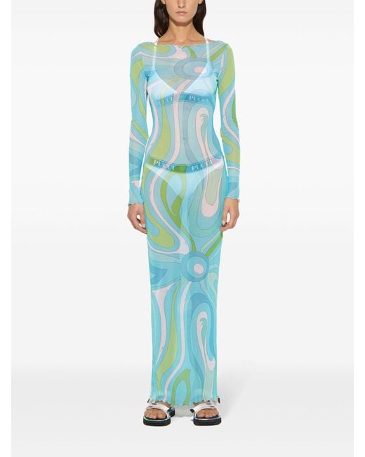 Emilio Pucci Blue Marmo-print Mesh Maxi Dress
