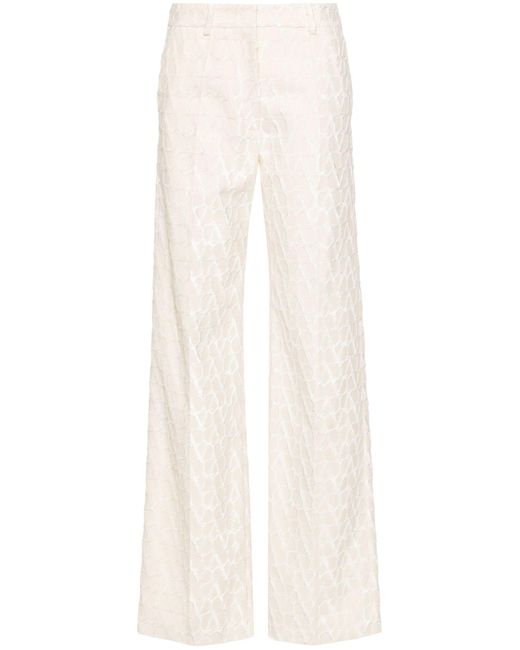 Valentino Garavani White Beige Toile Iconographe Flocked Tailored Trousers - Women's - Cotton/viscose/silk