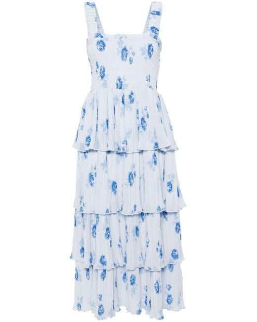 Ganni Blue Floral-print Pleated Midi Dress